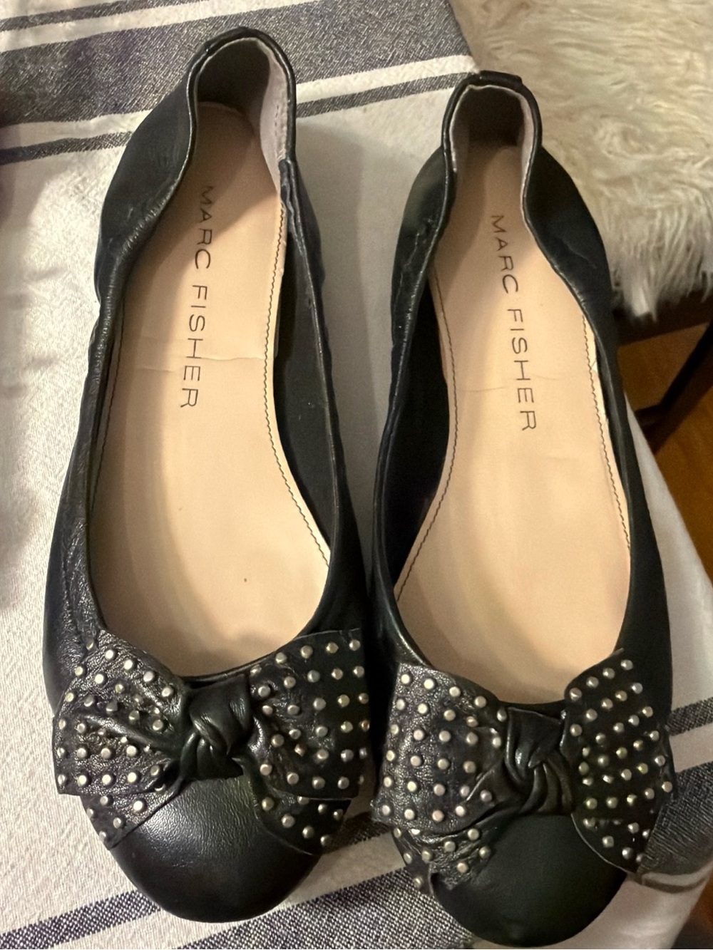 Marc Fisher Black Studded Bow Leather Ballet Flats